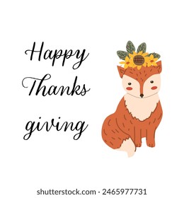 Autumn fall thanksgiving animal character with fall leaves and harvest. Wild animal greeting card for thanksgiving holiday, autumn festival, harvest celebration design.