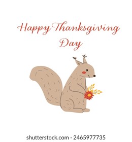 Autumn fall thanksgiving animal character with fall leaves and harvest. Wild animal greeting card for thanksgiving holiday, autumn festival, harvest celebration design.