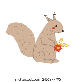 Autumn fall thanksgiving animal character with fall leaves and harvest. Wild animal greeting card for thanksgiving holiday, autumn festival, harvest celebration design.