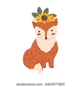 Autumn fall thanksgiving animal character with fall leaves and harvest. Wild animal greeting card for thanksgiving holiday, autumn festival, harvest celebration design.