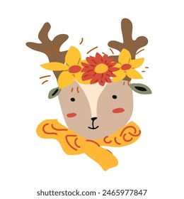 Autumn fall thanksgiving animal character with fall leaves and harvest. Wild animal greeting card for thanksgiving holiday, autumn festival, harvest celebration design.