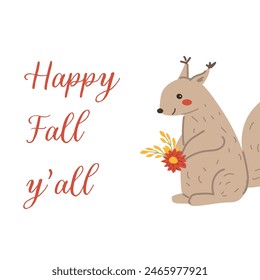 Autumn fall thanksgiving animal character with fall leaves and harvest. Wild animal greeting card for thanksgiving holiday, autumn festival, harvest celebration design.