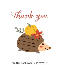 Autumn fall thanksgiving animal character with fall leaves and harvest. Wild animal greeting card for thanksgiving holiday, autumn festival, harvest celebration design.