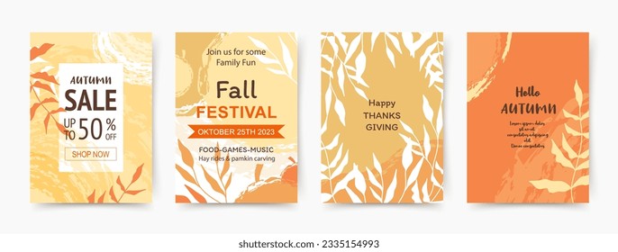 Otoño, otoño, pasado de Acción de Gracias. Plantillas abstractas de moda para invitación, tarjeta, afiche, volante, portada, banner, pancarta, folleto, medios sociales, publicidad de venta