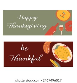 Autumn fall thanksgiving day banner or greeting card with leaves. Celebration design for harvest festival, thanks with food and flower autumn border. Fall thanksgiving day background.