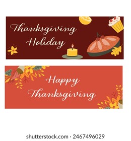 Autumn fall thanksgiving day banner or greeting card with leaves. Celebration design for harvest festival, thanks with food and flower autumn border. Fall thanksgiving day background.
