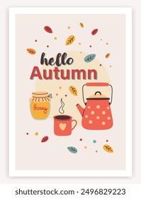 Otoño, otoño, cartel del día de Acción de Gracias o tarjeta en diseño de moda. Fondo del festival de la cosecha en estilo plano. Ilustración vectorial de tetera, taza, café, miel. Invitación de Plantilla Abstractas, cubierta, Anuncio