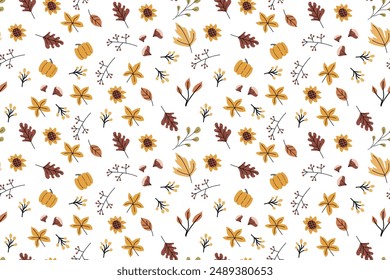 Autumn fall thanksgiving day seamless pattern with cute leaves, things, pumkins. Harvest decoration design. Square background with leaves, acorns, nuts.