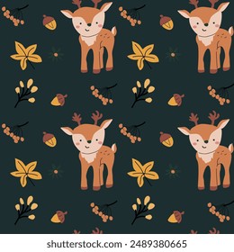 Autumn fall thanksgiving day seamless pattern with leaves, pumkins. Harvest decoration design. Square background with leaves, acorns, nuts. Childrens cute pattern with animals