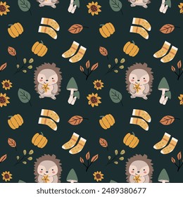 Autumn fall thanksgiving day seamless pattern with leaves, pumkins. Harvest decoration design. Square background with leaves, acorns, nuts. Childrens cute pattern with animals