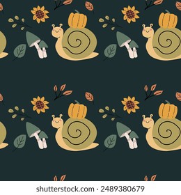 Autumn fall thanksgiving day seamless pattern with leaves, pumkins. Harvest decoration design. Square background with leaves, acorns, nuts. Childrens cute pattern with animals