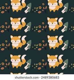 Autumn fall thanksgiving day seamless pattern with leaves, pumkins. Harvest decoration design. Square background with leaves, acorns, nuts. Childrens cute pattern with animals