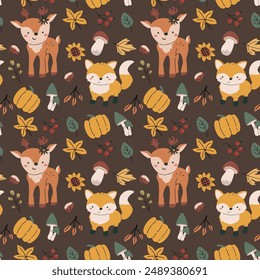 Autumn fall thanksgiving day seamless pattern with leaves, pumkins. Harvest decoration design. Square background with leaves, acorns, nuts. Childrens cute pattern with animals