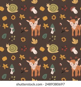 Autumn fall thanksgiving day seamless pattern with leaves, pumkins. Harvest decoration design. Square background with leaves, acorns, nuts. Childrens cute pattern with animals