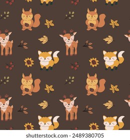 Autumn fall thanksgiving day seamless pattern with leaves, pumkins. Harvest decoration design. Square background with leaves, acorns, nuts. Childrens cute pattern with animals