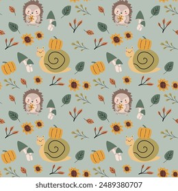 Autumn fall thanksgiving day seamless pattern with leaves, pumkins. Harvest decoration design. Square background with leaves, acorns, nuts. Childrens cute pattern with animals