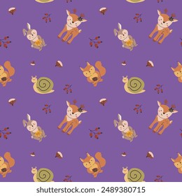 Autumn fall thanksgiving day seamless pattern with leaves, pumkins. Harvest decoration design. Square background with leaves, acorns, nuts. Childrens cute pattern with animals