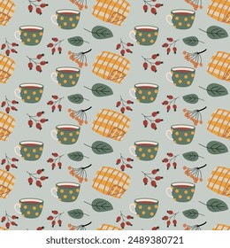 Autumn fall thanksgiving day seamless pattern with cute leaves, things, pumkins. Harvest decoration design. Square background with leaves, acorns, nuts.