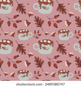 Autumn fall thanksgiving day seamless pattern with cute leaves, things, pumkins. Harvest decoration design. Square background with leaves, acorns, nuts.