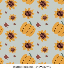 Autumn fall thanksgiving day seamless pattern with cute leaves, things, pumkins. Harvest decoration design. Square background with leaves, acorns, nuts.