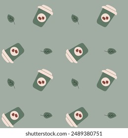 Autumn fall thanksgiving day seamless pattern with cute leaves, things, pumkins. Harvest decoration design. Square background with leaves, acorns, nuts.
