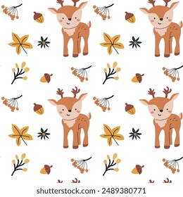 Autumn fall thanksgiving day seamless pattern with leaves, pumkins. Harvest decoration design. Square background with leaves, acorns, nuts. Childrens cute pattern with animals
