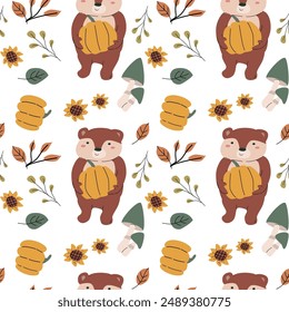 Autumn fall thanksgiving day seamless pattern with leaves, pumkins. Harvest decoration design. Square background with leaves, acorns, nuts. Childrens cute pattern with animals
