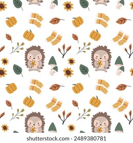 Autumn fall thanksgiving day seamless pattern with leaves, pumkins. Harvest decoration design. Square background with leaves, acorns, nuts. Childrens cute pattern with animals