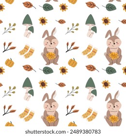 Autumn fall thanksgiving day seamless pattern with leaves, pumkins. Harvest decoration design. Square background with leaves, acorns, nuts. Childrens cute pattern with animals
