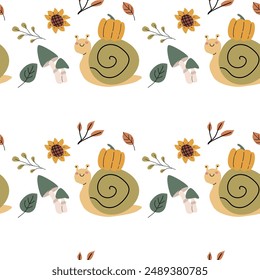 Autumn fall thanksgiving day seamless pattern with leaves, pumkins. Harvest decoration design. Square background with leaves, acorns, nuts. Childrens cute pattern with animals