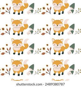 Autumn fall thanksgiving day seamless pattern with leaves, pumkins. Harvest decoration design. Square background with leaves, acorns, nuts. Childrens cute pattern with animals