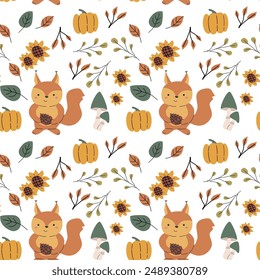 Autumn fall thanksgiving day seamless pattern with leaves, pumkins. Harvest decoration design. Square background with leaves, acorns, nuts. Childrens cute pattern with animals