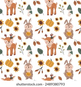 Autumn fall thanksgiving day seamless pattern with leaves, pumkins. Harvest decoration design. Square background with leaves, acorns, nuts. Childrens cute pattern with animals