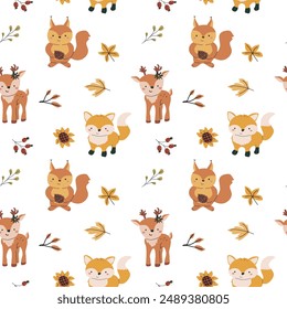 Autumn fall thanksgiving day seamless pattern with leaves, pumkins. Harvest decoration design. Square background with leaves, acorns, nuts. Childrens cute pattern with animals