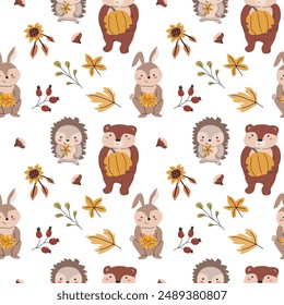 Autumn fall thanksgiving day seamless pattern with leaves, pumkins. Harvest decoration design. Square background with leaves, acorns, nuts. Childrens cute pattern with animals