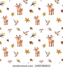 Autumn fall thanksgiving day seamless pattern with leaves, pumkins. Harvest decoration design. Square background with leaves, acorns, nuts. Childrens cute pattern with animals