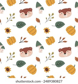 Autumn fall thanksgiving day seamless pattern with leaves, pumkins. Harvest decoration design. Square background with leaves, acorns, nuts. Childrens cute pattern with animals