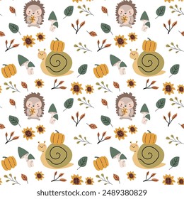 Autumn fall thanksgiving day seamless pattern with leaves, pumkins. Harvest decoration design. Square background with leaves, acorns, nuts. Childrens cute pattern with animals