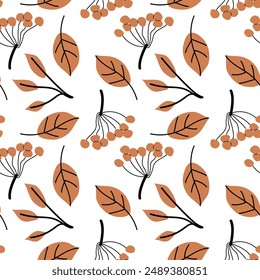 Autumn fall thanksgiving day seamless pattern with cute leaves, things, pumkins. Harvest decoration design. Square background with leaves, acorns, nuts.