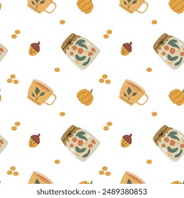 Autumn fall thanksgiving day seamless pattern with cute leaves, things, pumkins. Harvest decoration design. Square background with leaves, acorns, nuts.