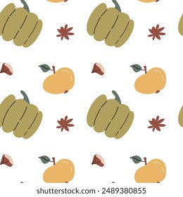 Autumn fall thanksgiving day seamless pattern with cute leaves, things, pumkins. Harvest decoration design. Square background with leaves, acorns, nuts.