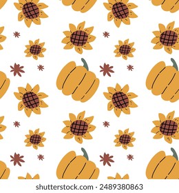 Autumn fall thanksgiving day seamless pattern with cute leaves, things, pumkins. Harvest decoration design. Square background with leaves, acorns, nuts.