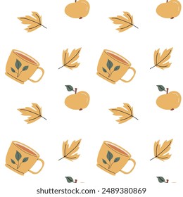Autumn fall thanksgiving day seamless pattern with cute leaves, things, pumkins. Harvest decoration design. Square background with leaves, acorns, nuts.