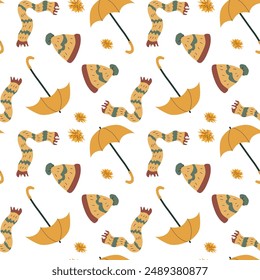 Autumn fall thanksgiving day seamless pattern with cute leaves, things, pumkins. Harvest decoration design. Square background with leaves, acorns, nuts.