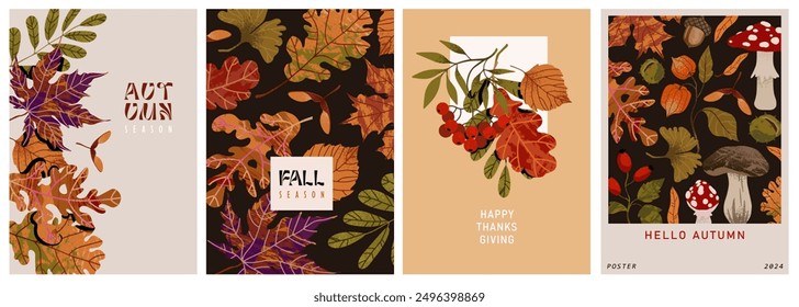Autumn, Fall, Thanksgiving day trendy floral background. Orange autumn leaves. Abstract vector templates poster, invitation, card, flyer, cover, banner.