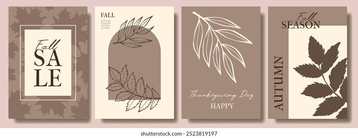 Otoño, otoño, día de Acción de Gracias carteles de moda con hojas elegantes. Fondos Abstractas de Plantillas de Vector, invitación, tarjeta, volante, cubierta, Anuncio, cartel, folleto, redes sociales, venta, publicidad.