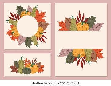 Autumn, Fall, Thanksgiving day trendy backgrounds with leaves, pumpkins and copy space for text. Design template for poster, banner, card, web, social media, sales, advertising. Vector in flat styl