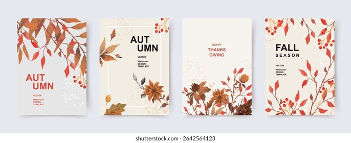 Autumn, Fall, Thanksgiving day trendy backgrounds with beautiful leaves. Abstract vector templates poster, invitation, card, flyer, cover, banner, placard, brochure, social media, sale, advertising