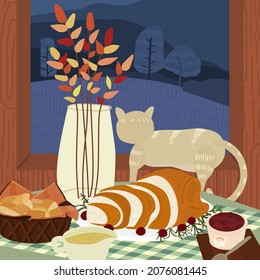 Autumn, Fall and Thanksgiving Dinner. Vector illustration, Food on the table Roast Turkey, Parker House Rolls, Mashed Potatoes and Cranberry Sauce. Hand drawn.