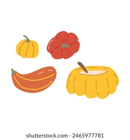 Autumn fall thanksgiving elements set with harvest icons. Collection of fall vegetable pumkin. Hand drawn autumn food vector illustration